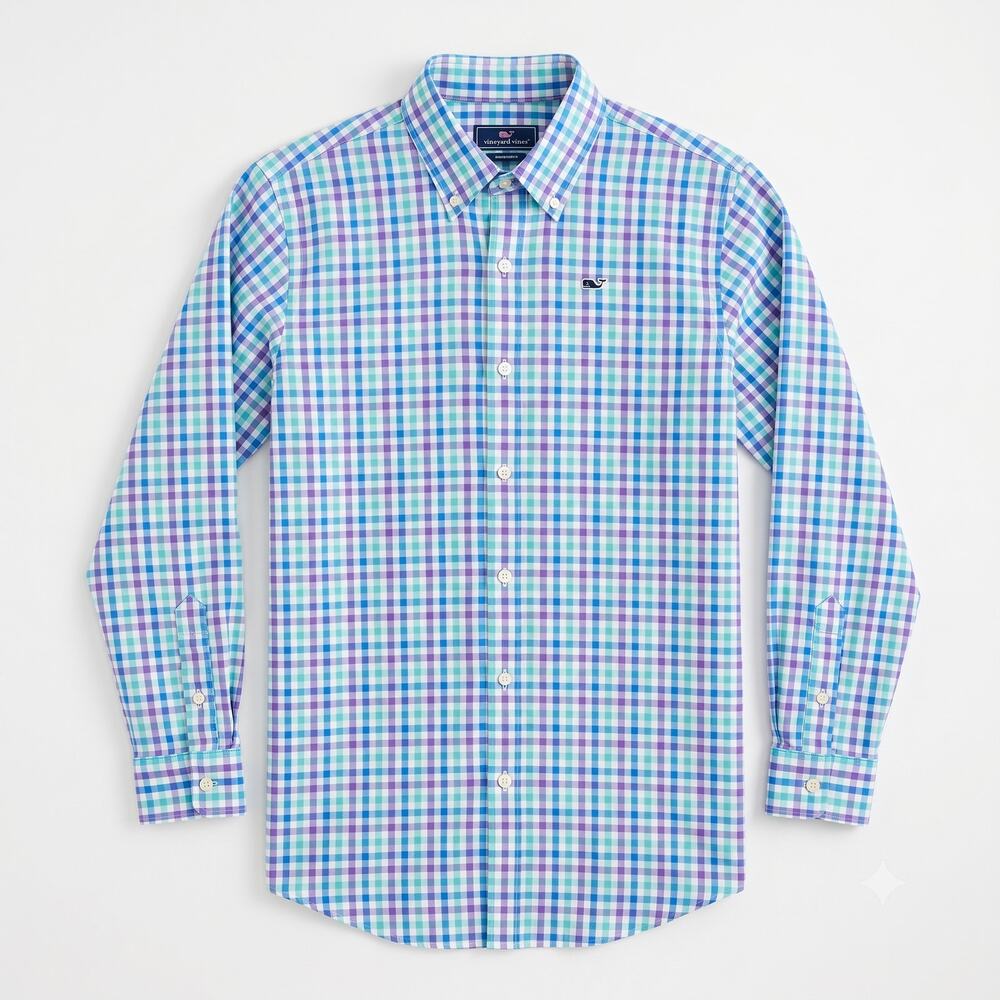 Vineyard Vines Oxford Whale Shirt Blue Purple Gingham Cotton Boys Medium 12 14